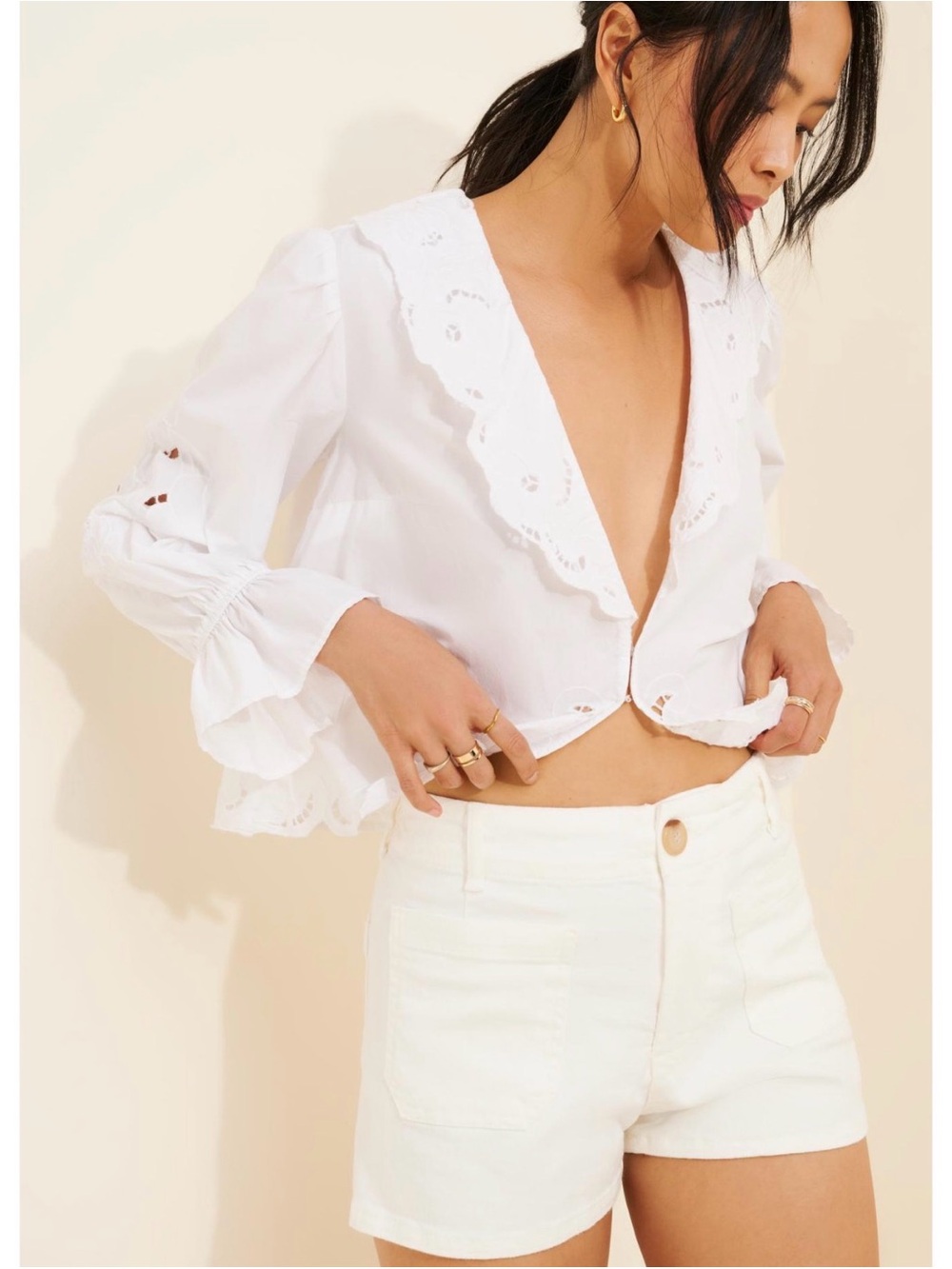Maeve White Eyelet V-Neck Cropped Blouse